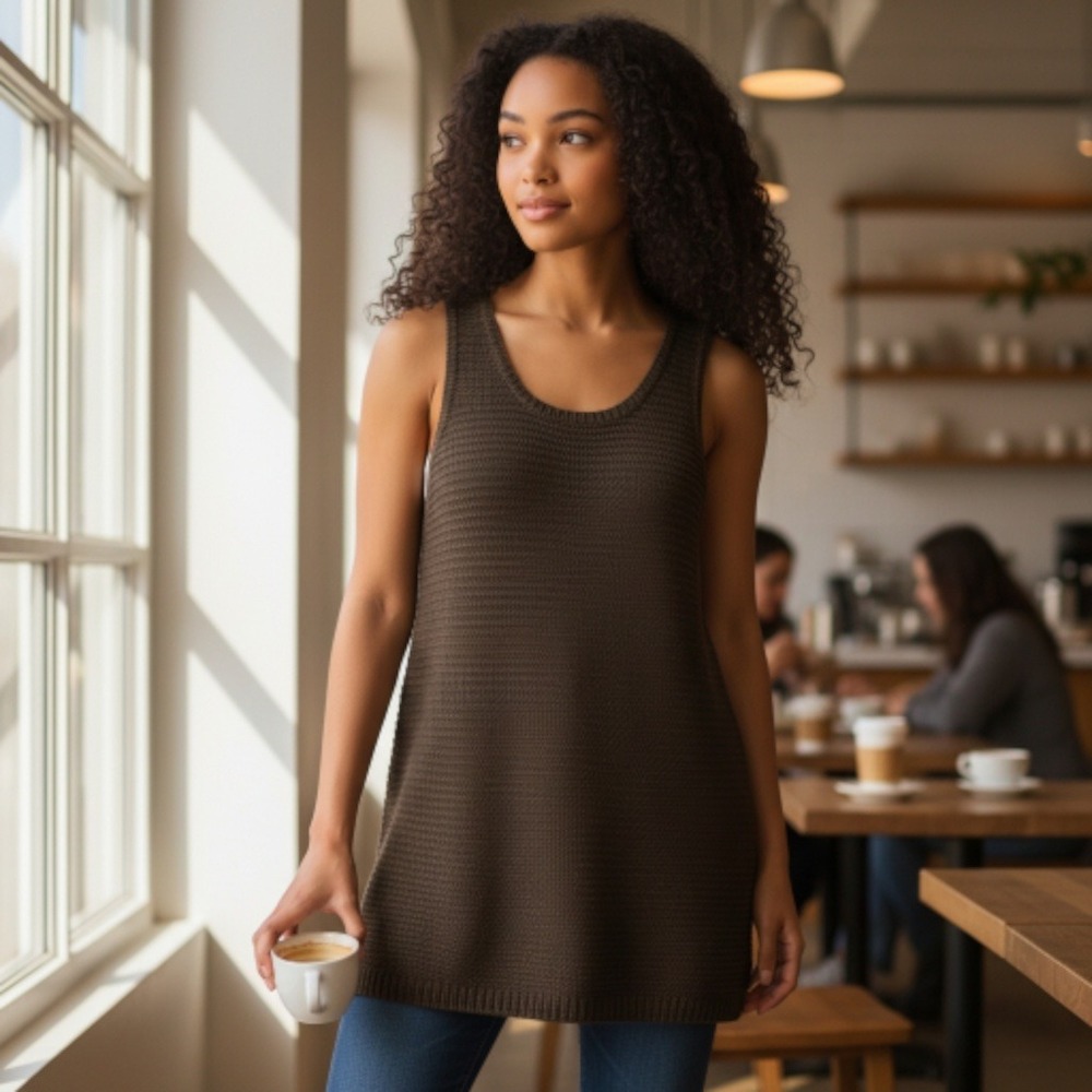 Lauren Ralph‎ Lauren XL Mercerized Cotton Knit Tunic Tank Top Brown Sleeveless
